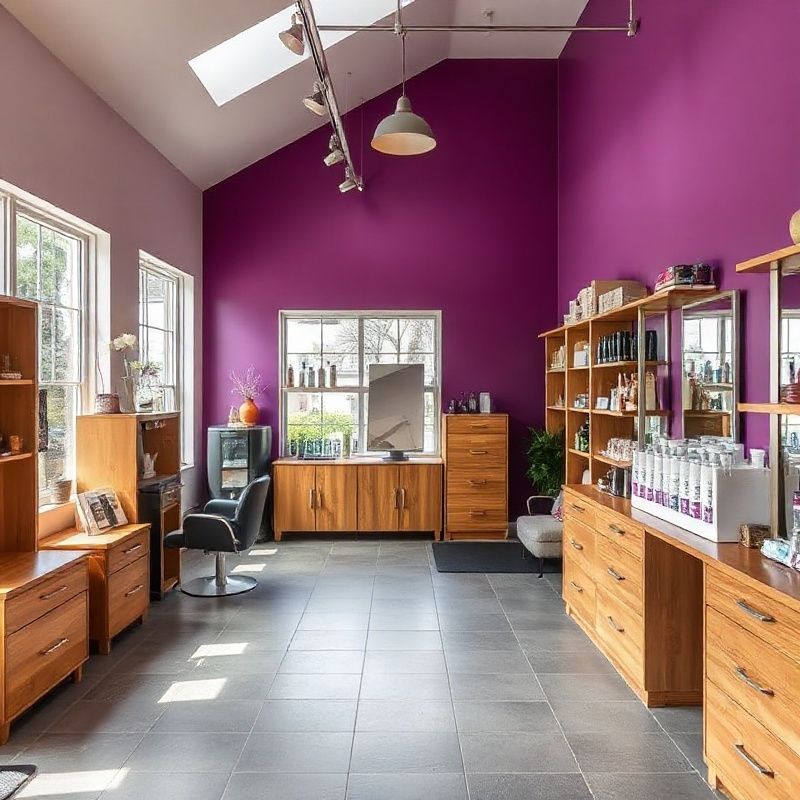 Pulsekbeta studio interior with lilac wall, timber shelving, and daylight-balanced lighting