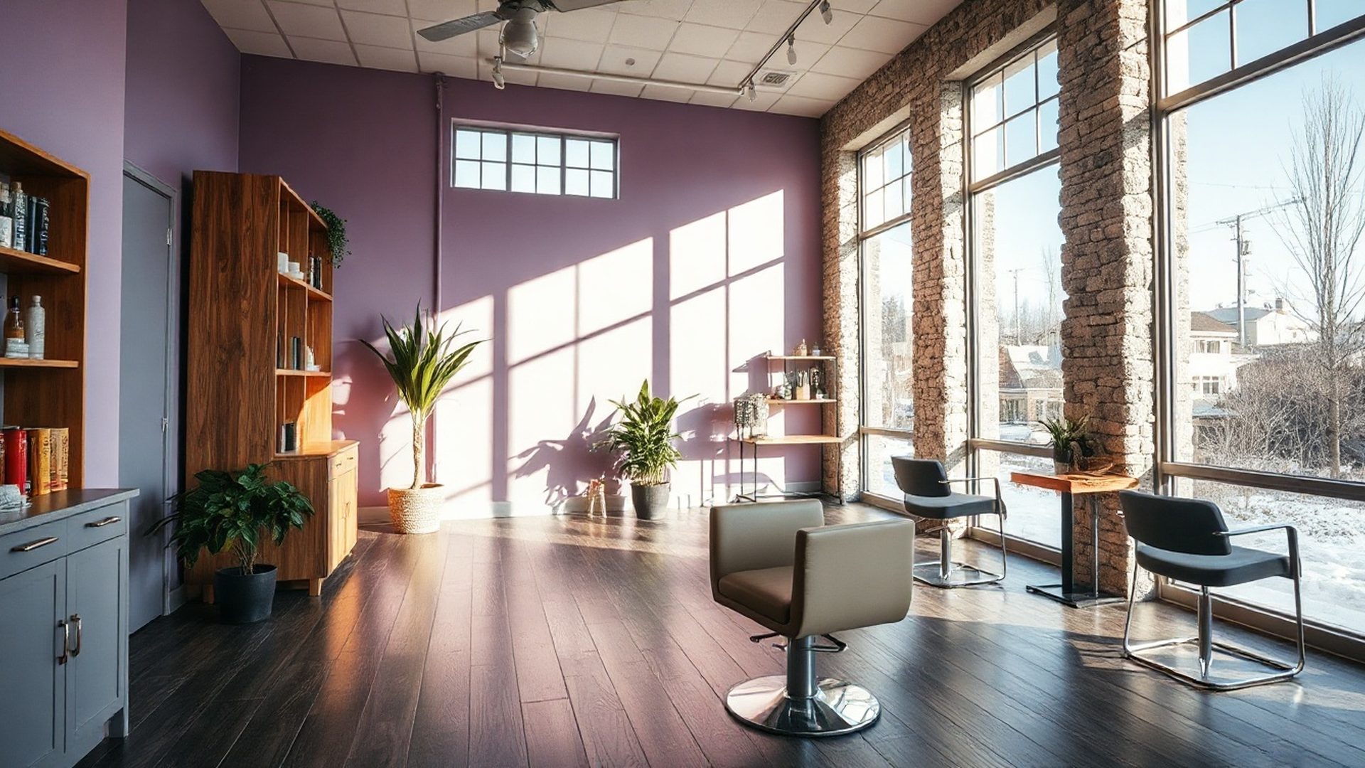 Pulsekbeta boutique salon interior with lilac feature wall and northern light