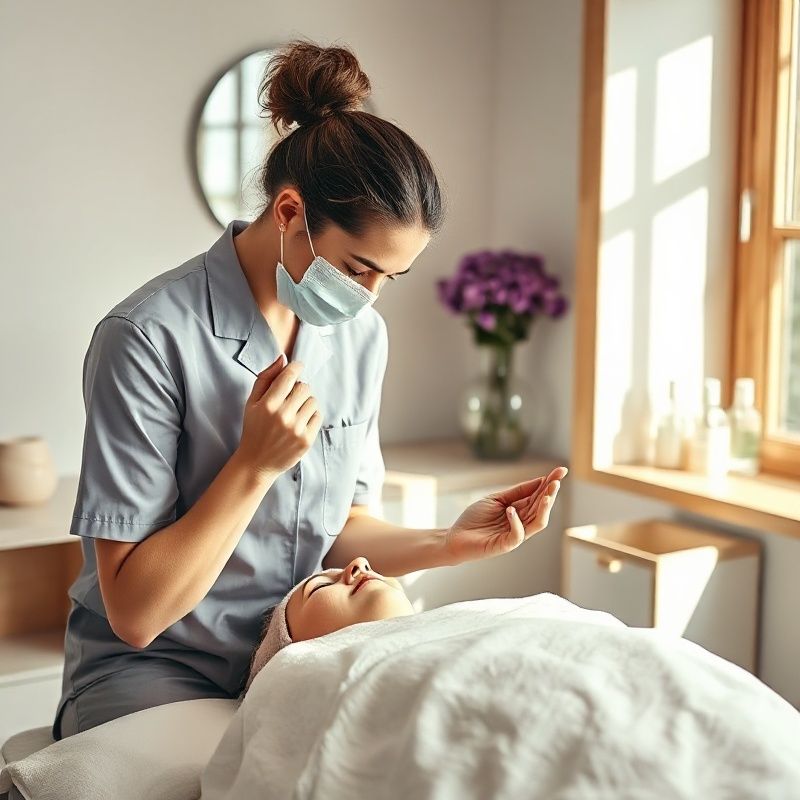 Skincare practitioner applying a facial mask to a client in a calm treatment room